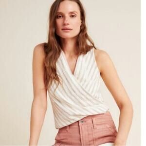 Maeve Athropologie Womens Surplice Blouse White Cream Stripe Texture Size Small